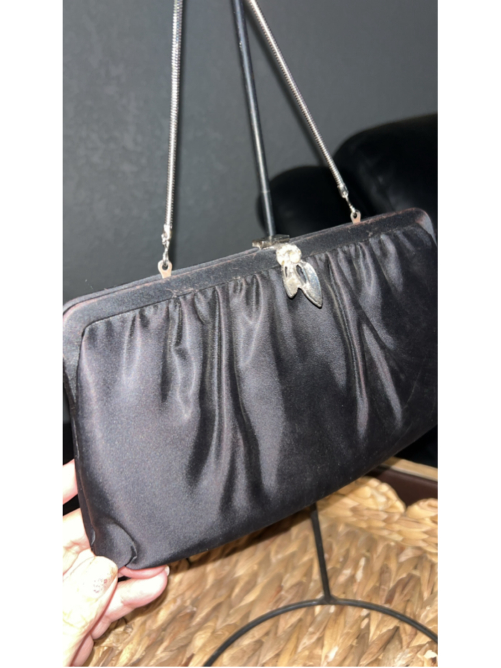 Women's Unbranded Black Satin Clutch with Silver Chain, One Size